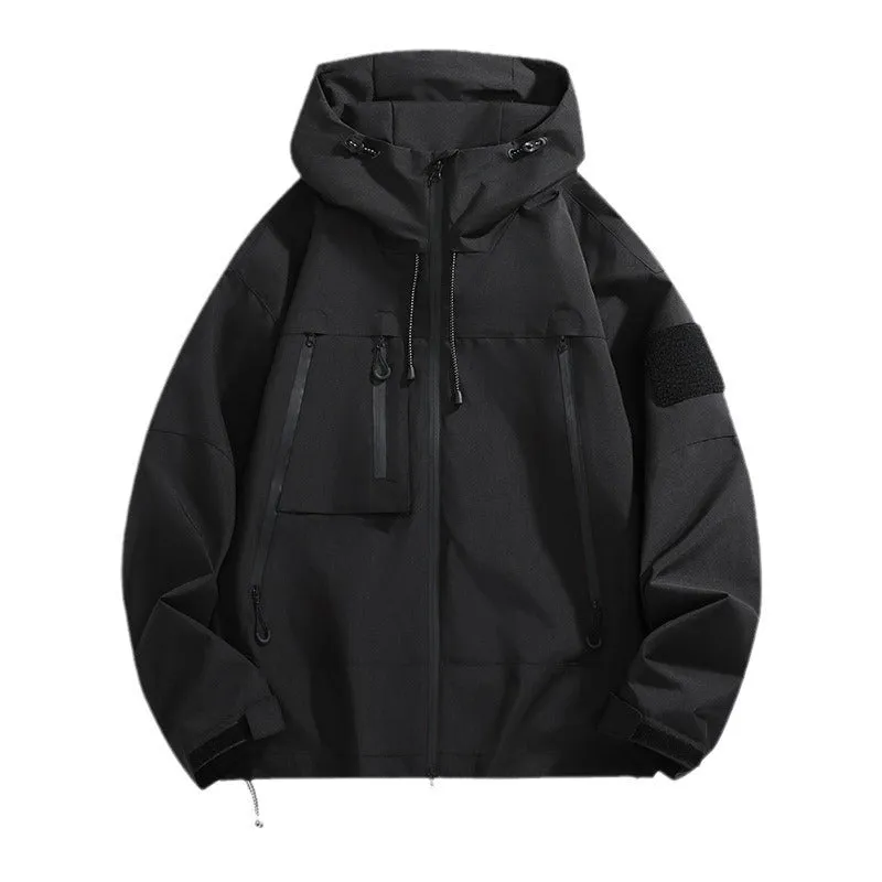 Men's casual hooded outdoor mountaineering shell jacket in polyester blend, long sleeves, multiple colours