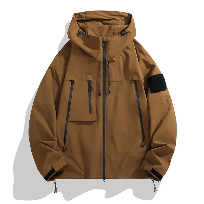 Men's casual hooded outdoor mountaineering shell jacket in polyester blend, long sleeves, multiple colours
