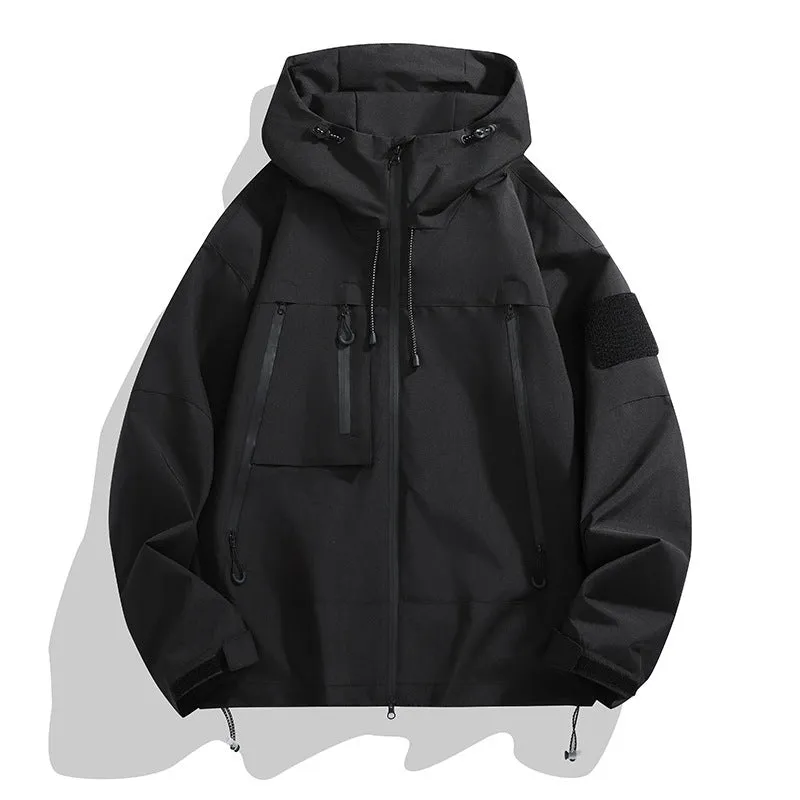 Men's casual hooded outdoor mountaineering shell jacket in polyester blend, long sleeves, multiple colours