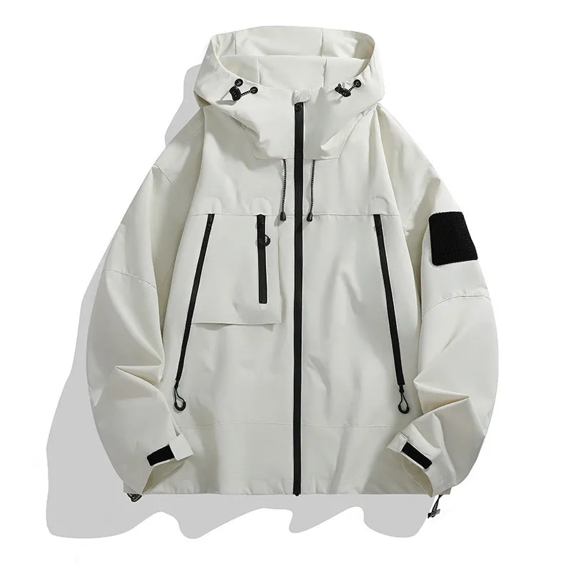 Men's casual hooded outdoor mountaineering shell jacket in polyester blend, long sleeves, multiple colours