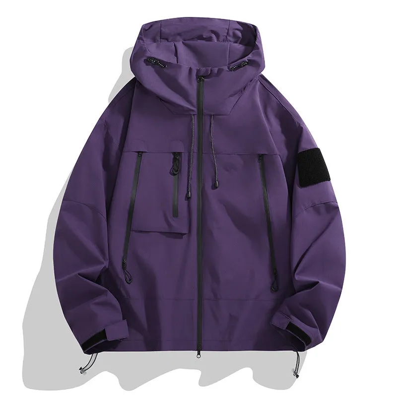 Men's casual hooded outdoor mountaineering shell jacket in polyester blend, long sleeves, multiple colours