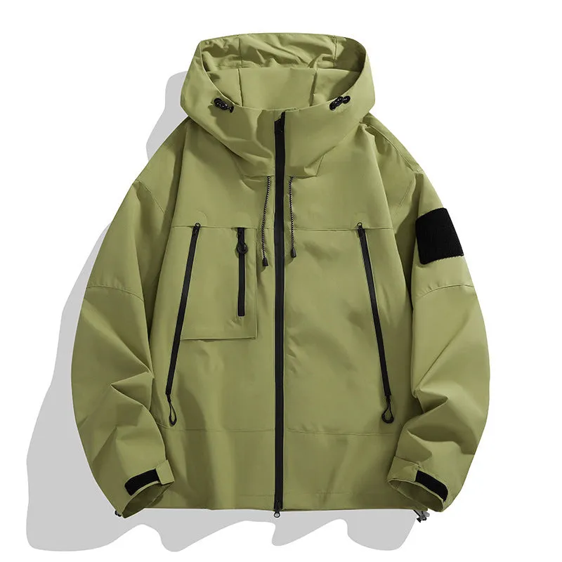 Men's casual hooded outdoor mountaineering shell jacket in polyester blend, long sleeves, multiple colours