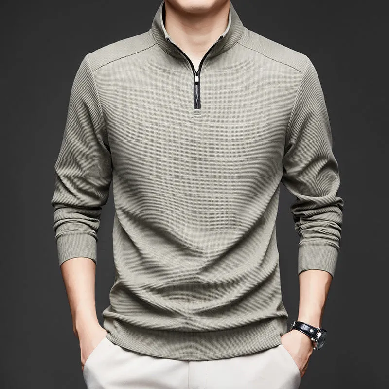 Men's lapel long sleeve solid colour polyester cardigan in dark gray, front view