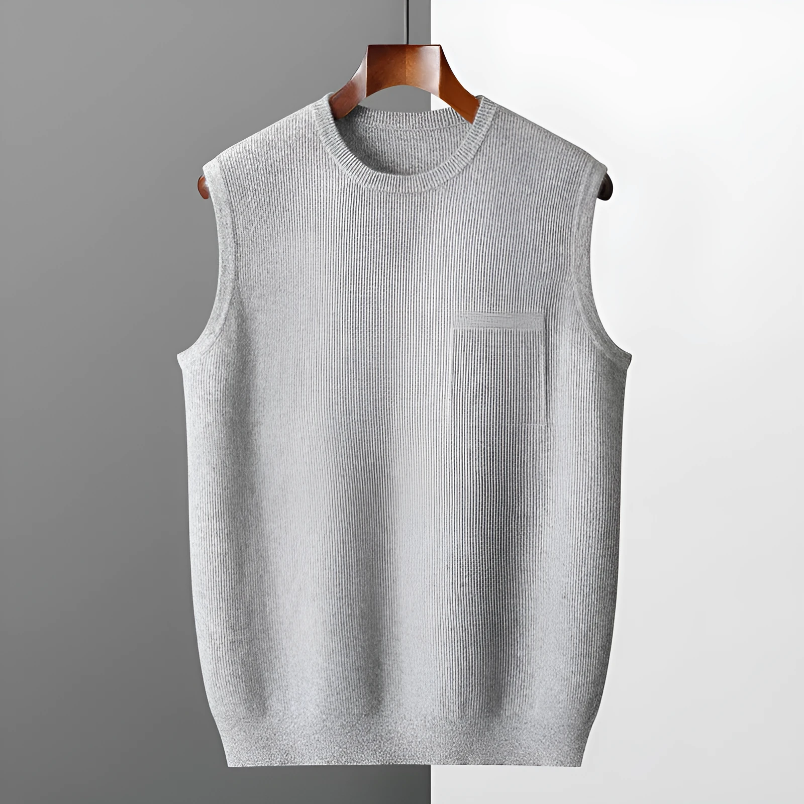 Men's round neck jacquard pullover knitted vest in solid colour, sleeveless for autumn