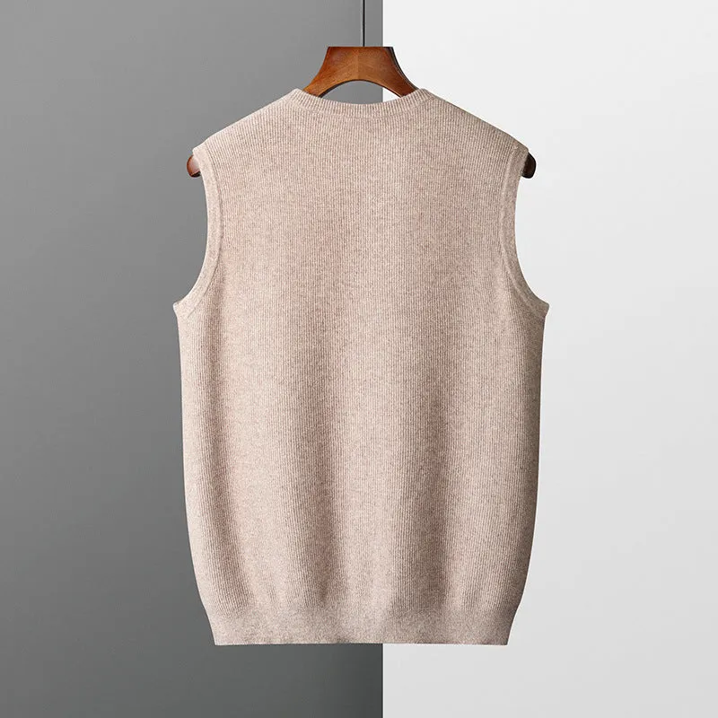 Men's round neck jacquard pullover knitted vest in solid colour, sleeveless for autumn