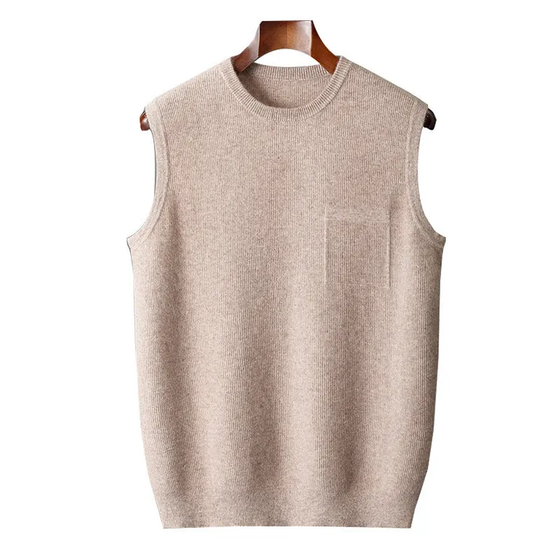 Men's round neck jacquard pullover knitted vest in solid colour, sleeveless for autumn