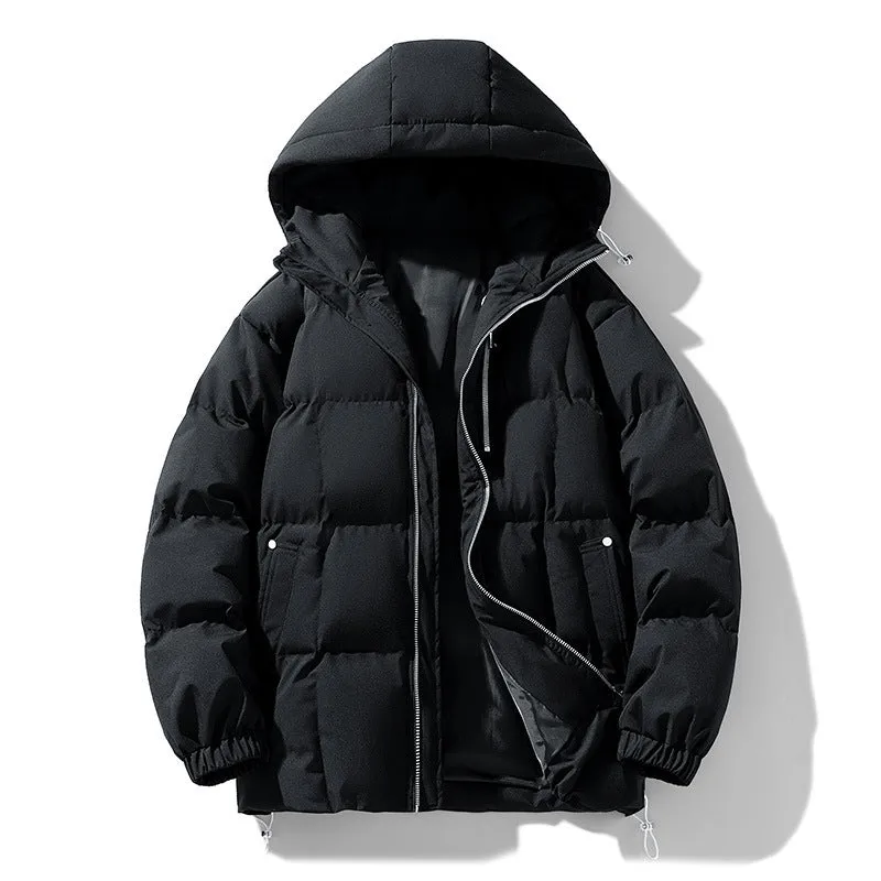 Men's solid colour hooded cotton coat in black, side view, showing cardigan cut and straight hem