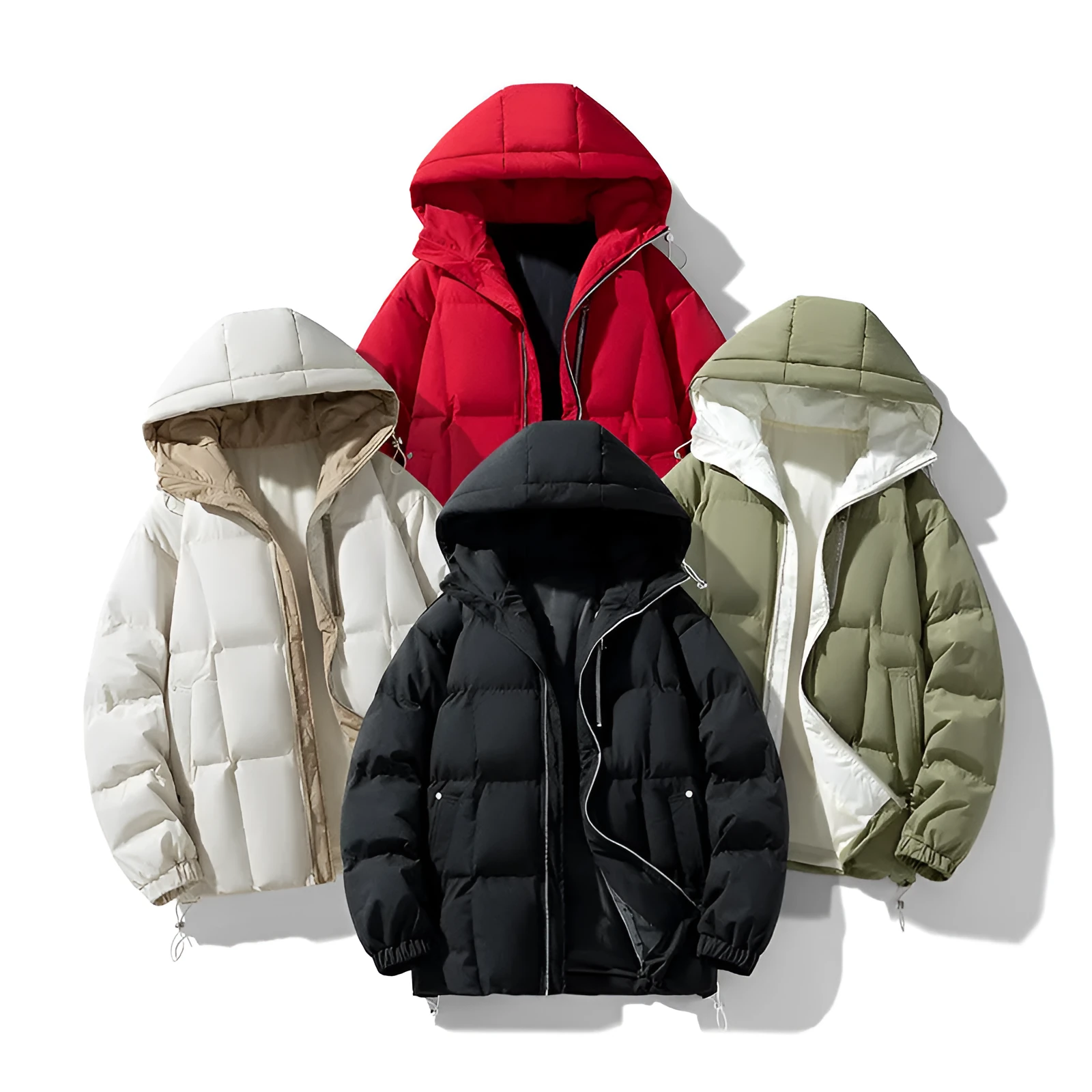 Men's solid colour hooded cotton coat in black, side view, showing cardigan cut and straight hem