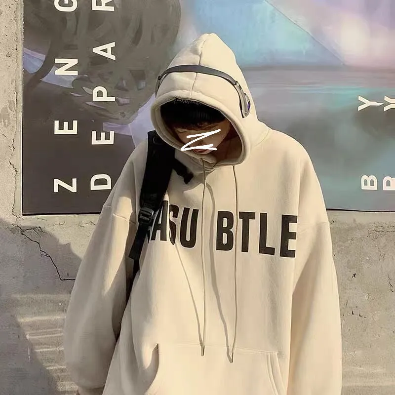 Men's hooded sweater in khaki, loose fit, topstitching patch pocket, long sleeves, velvet lining, Hong Kong style
