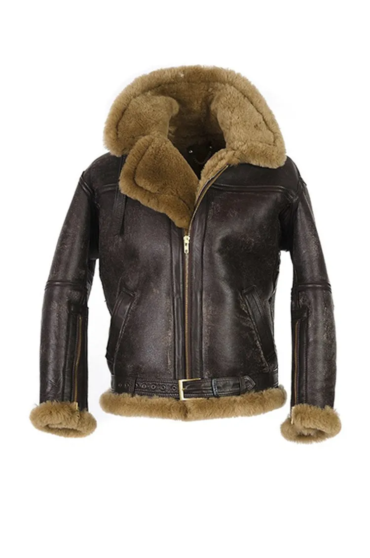 Men's brown synthetic leather fur coat with side pockets on a model