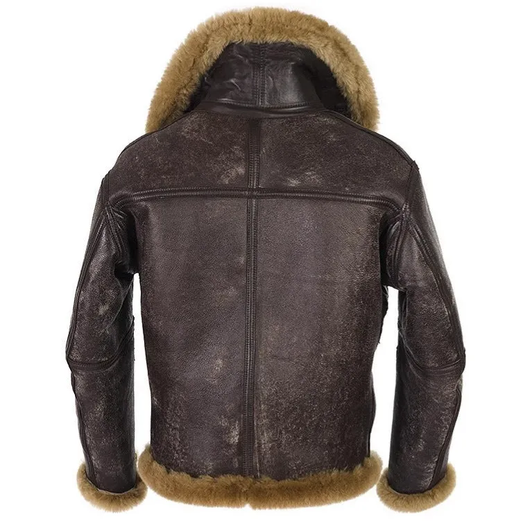 Men's brown synthetic leather fur coat with side pockets on a model