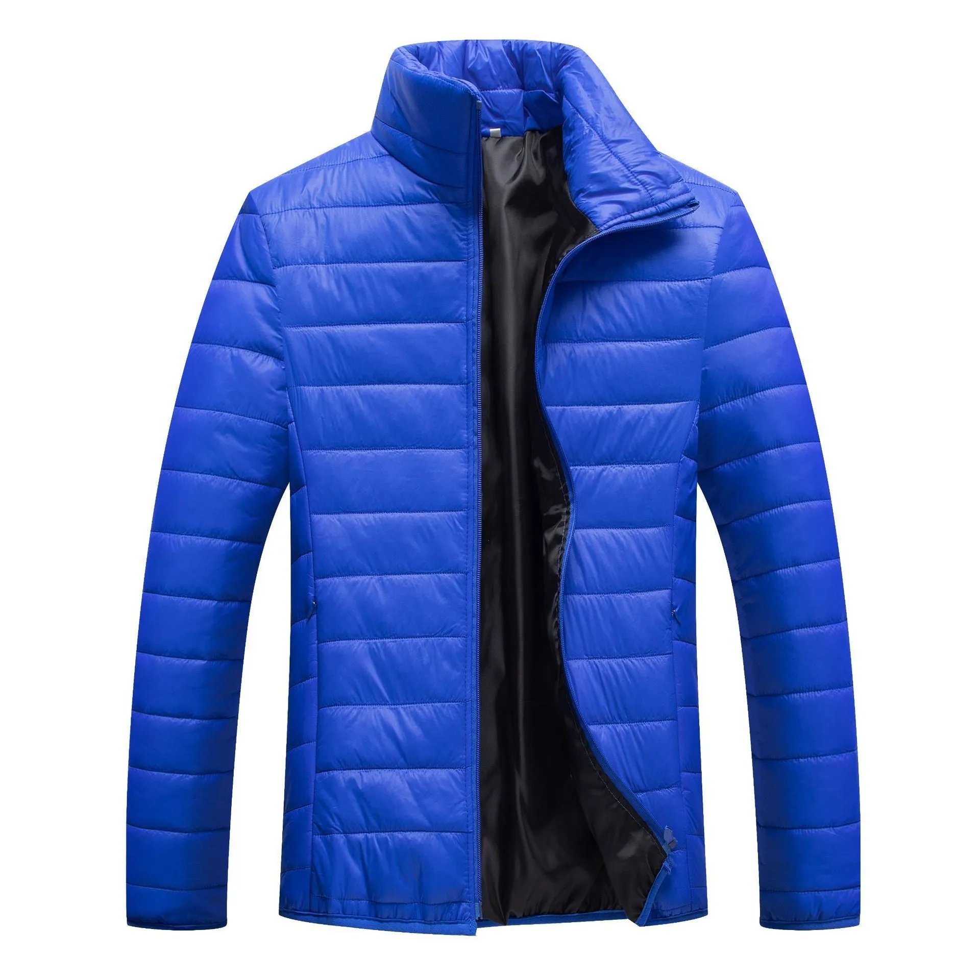 Men's cotton padded hooded cardigan jacket in green, front zipper, standing pose