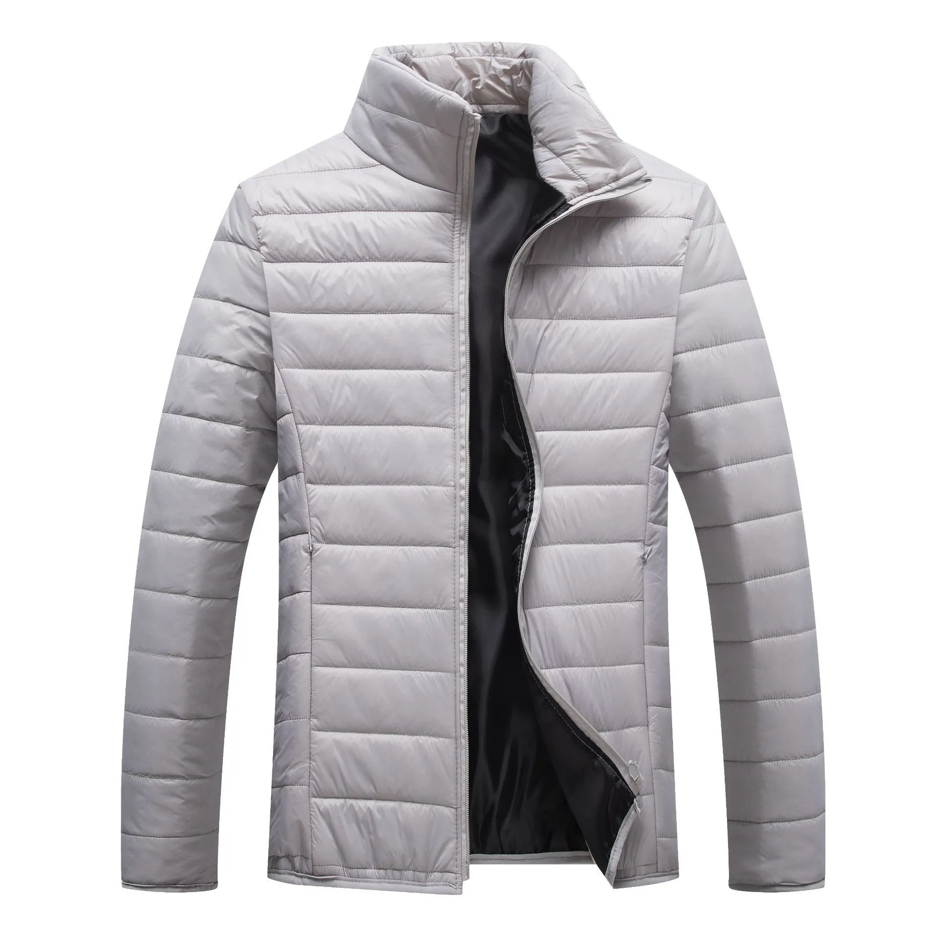 Men's cotton padded hooded cardigan jacket in green, front zipper, standing pose