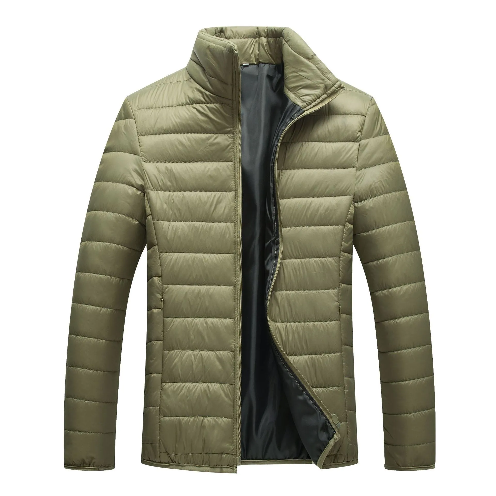 Men's cotton padded hooded cardigan jacket in green, front zipper, standing pose
