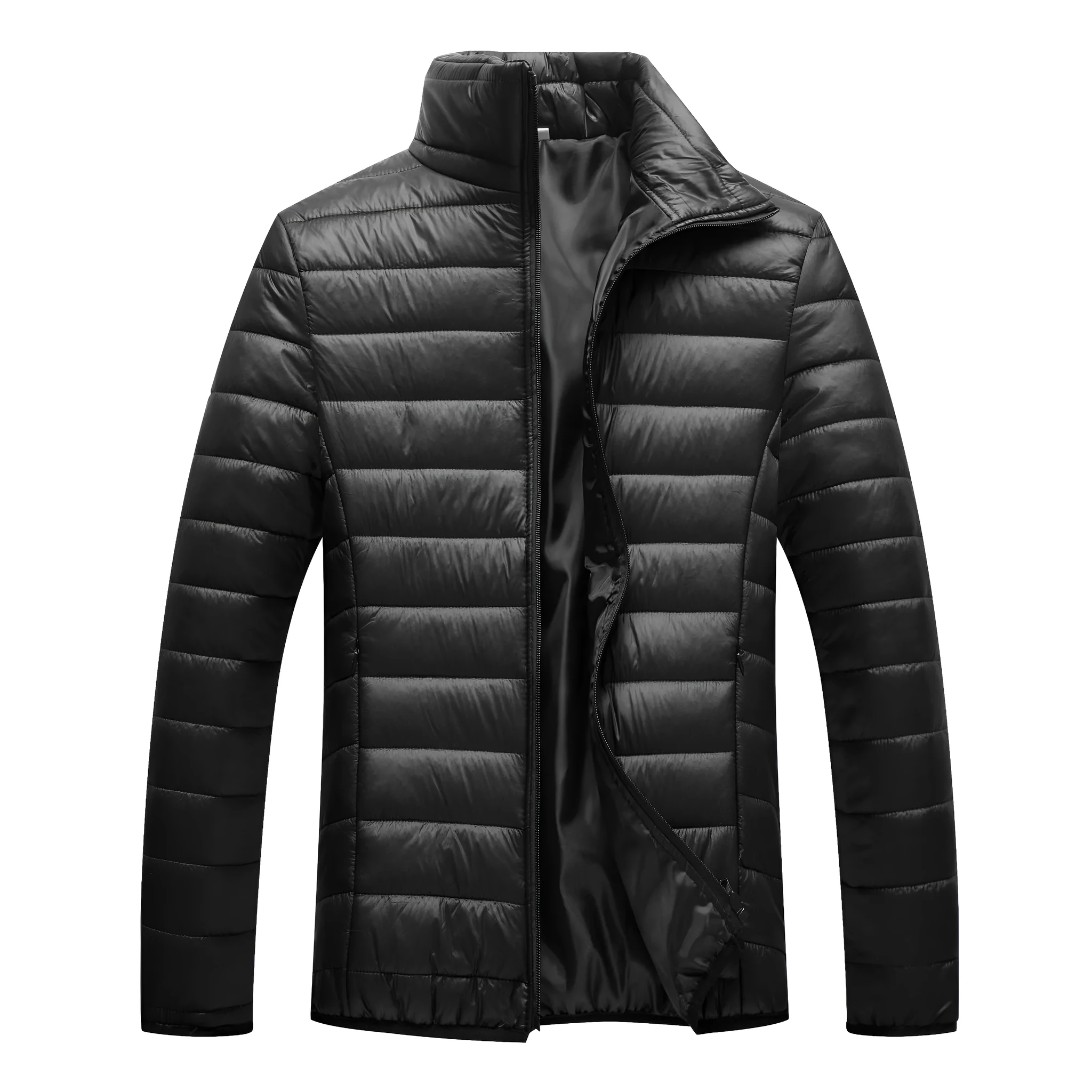 Men's cotton padded hooded cardigan jacket in green, front zipper, standing pose