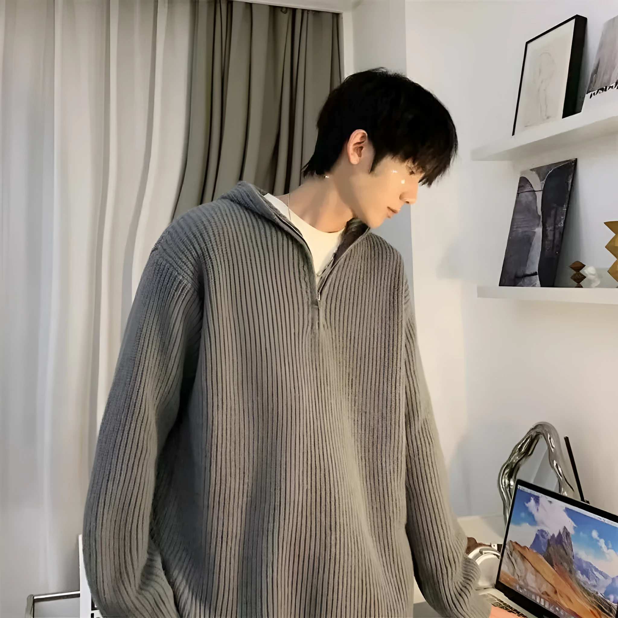 Men's half zipper hooded sweater in black, polyester fabric, long sleeves, pullover style, winter casual wear