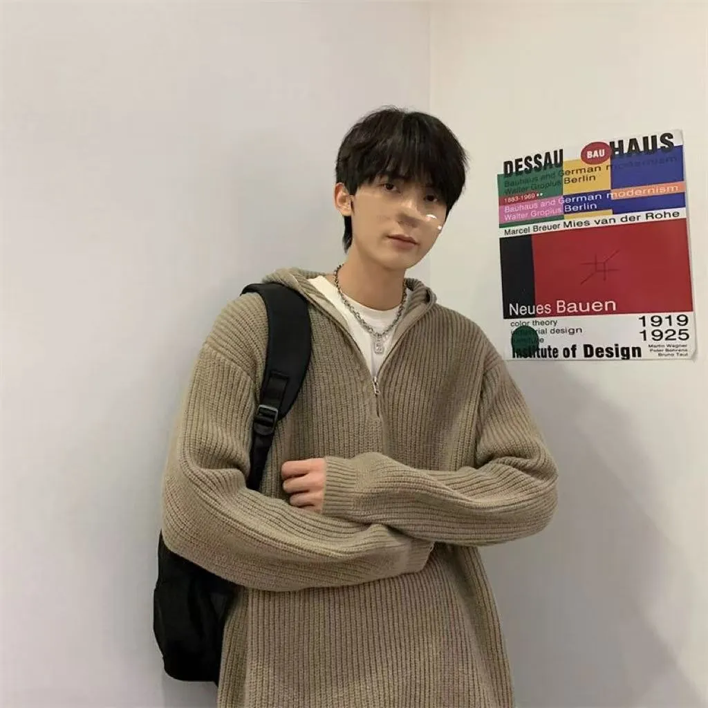 Men's half zipper hooded sweater in black, polyester fabric, long sleeves, pullover style, winter casual wear