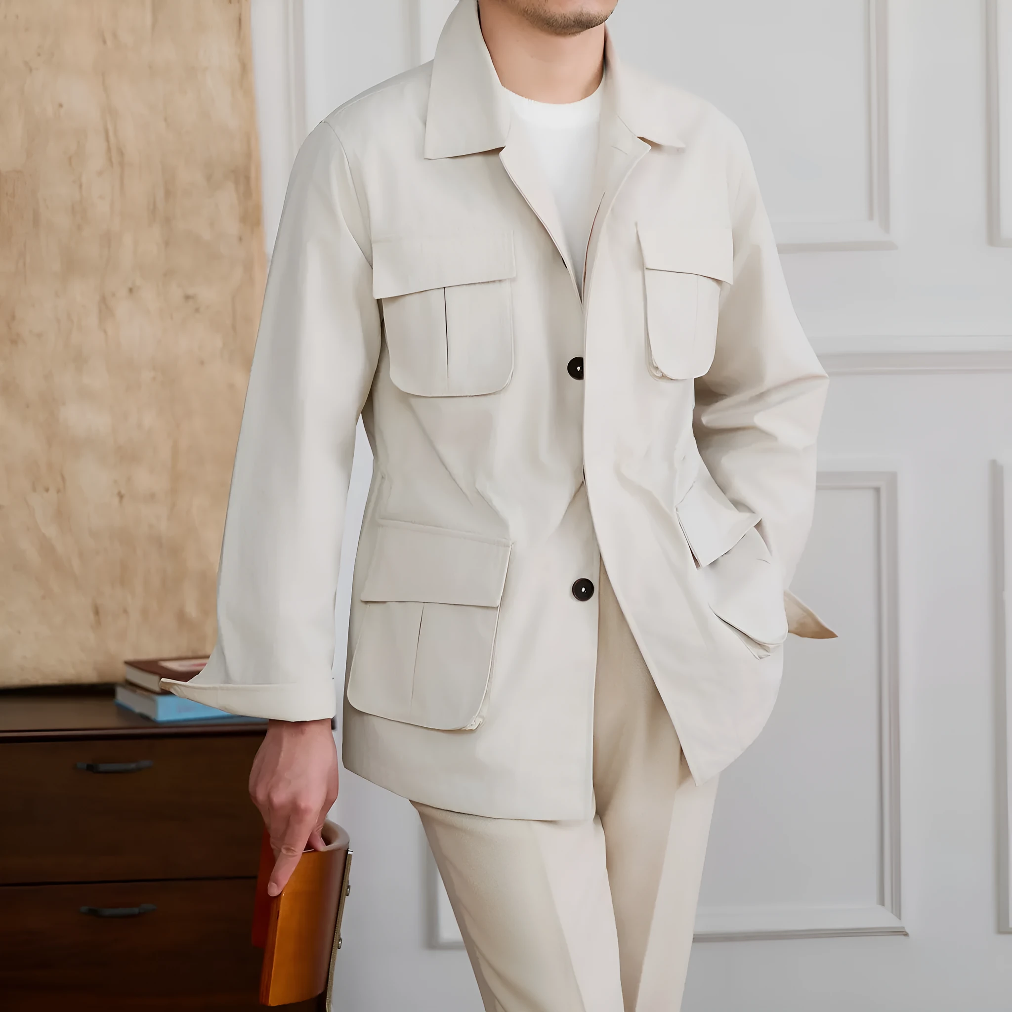 Men's multi-pocket retro nylon jacket in beige with multiple pockets and classic cut