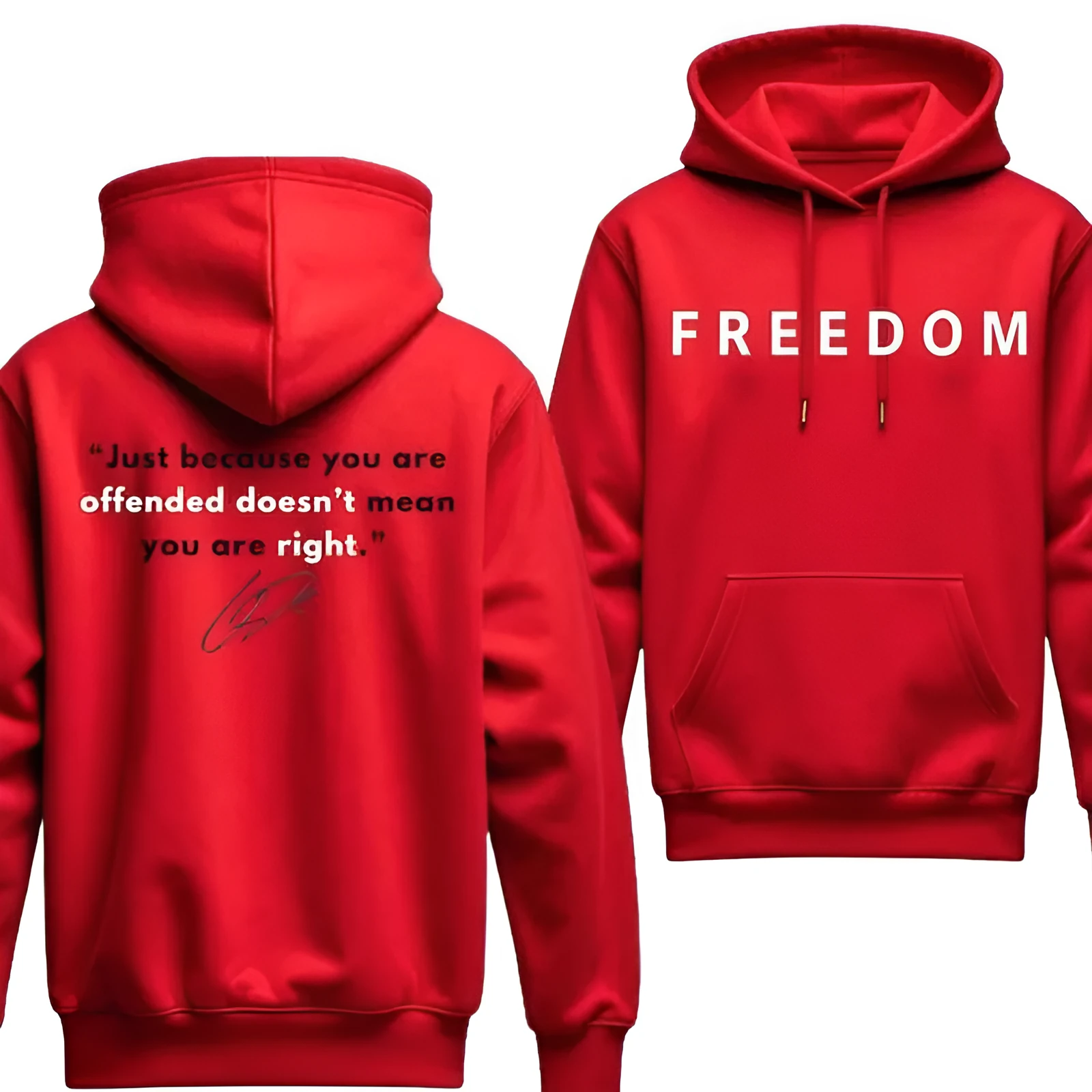 Red men's pullover hooded sweater in polyester fibre with long sleeves on display