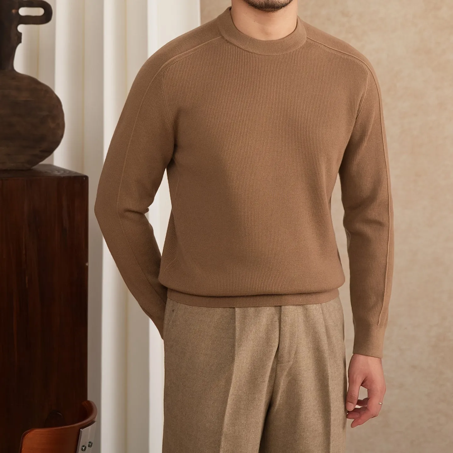 Men's slim fit casual knit shirt in clay colour, button down front, long sleeves, soft polyester nylon acrylic wool blend