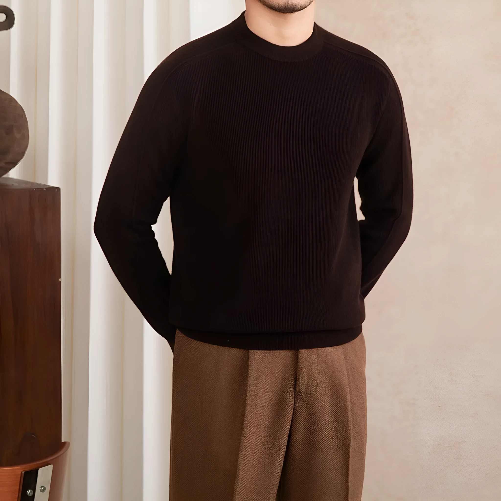 Men's slim fit casual knit shirt in clay colour, button down front, long sleeves, soft polyester nylon acrylic wool blend