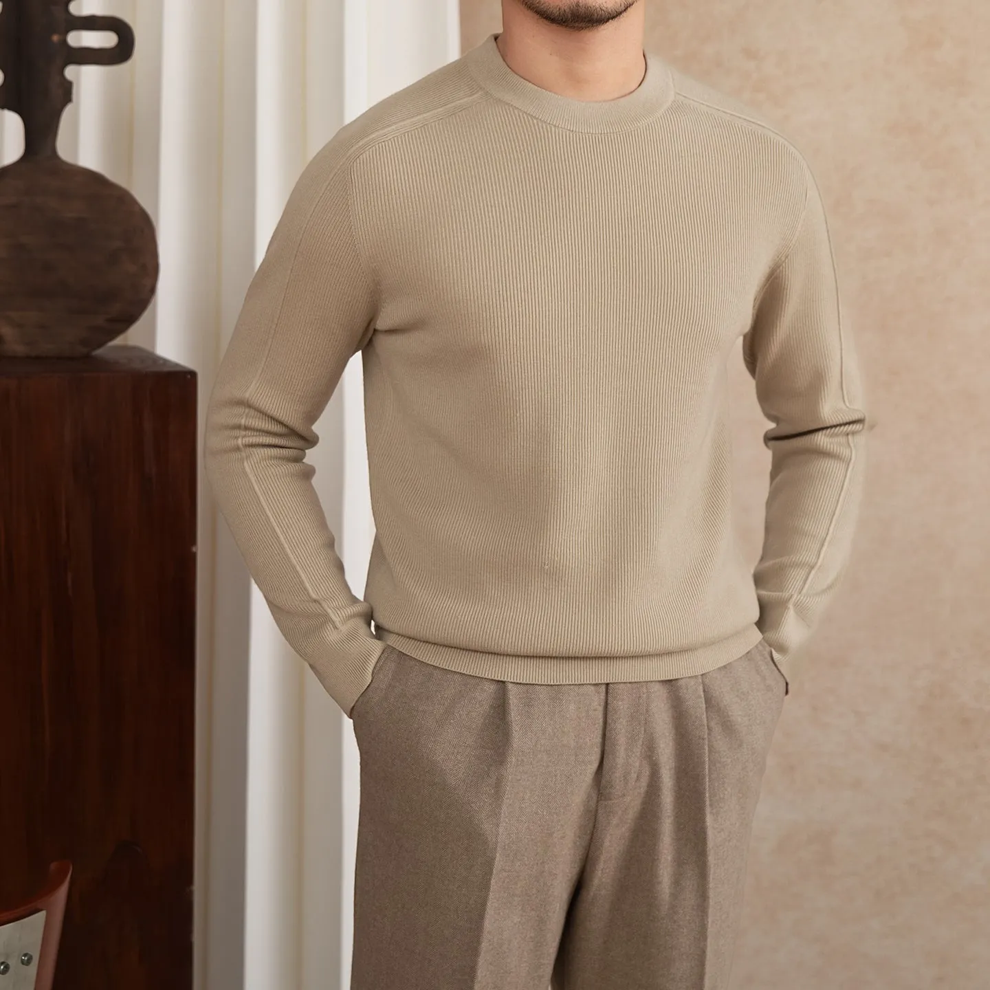Men's slim fit casual knit shirt in clay colour, button down front, long sleeves, soft polyester nylon acrylic wool blend