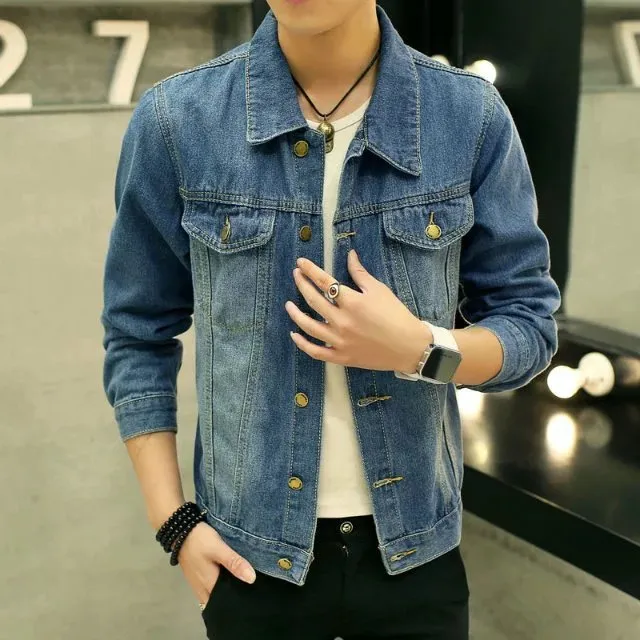 Men's retro washed denim jacket in blue, slim fit, long sleeves, polyester winter coat