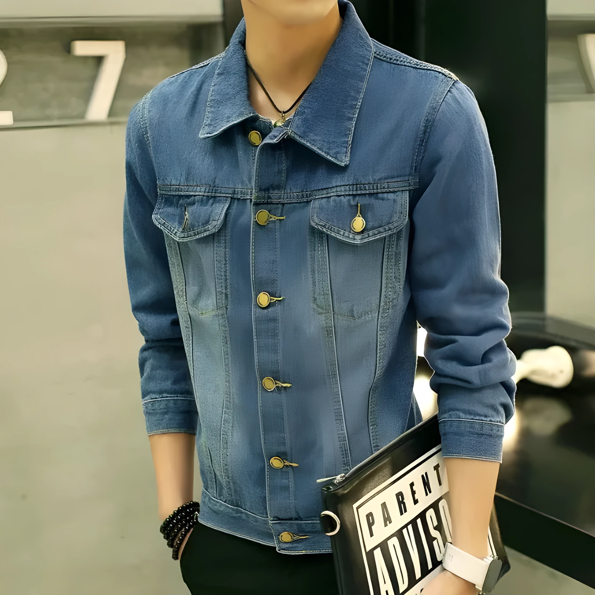 Men's retro washed denim jacket in blue, slim fit, long sleeves, polyester winter coat
