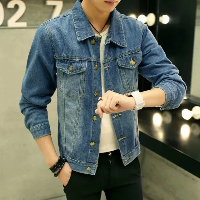 Men's retro washed denim jacket in blue, slim fit, long sleeves, polyester winter coat