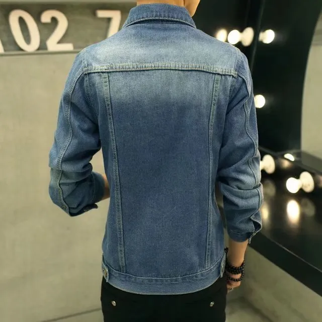 Men's retro washed denim jacket in blue, slim fit, long sleeves, polyester winter coat