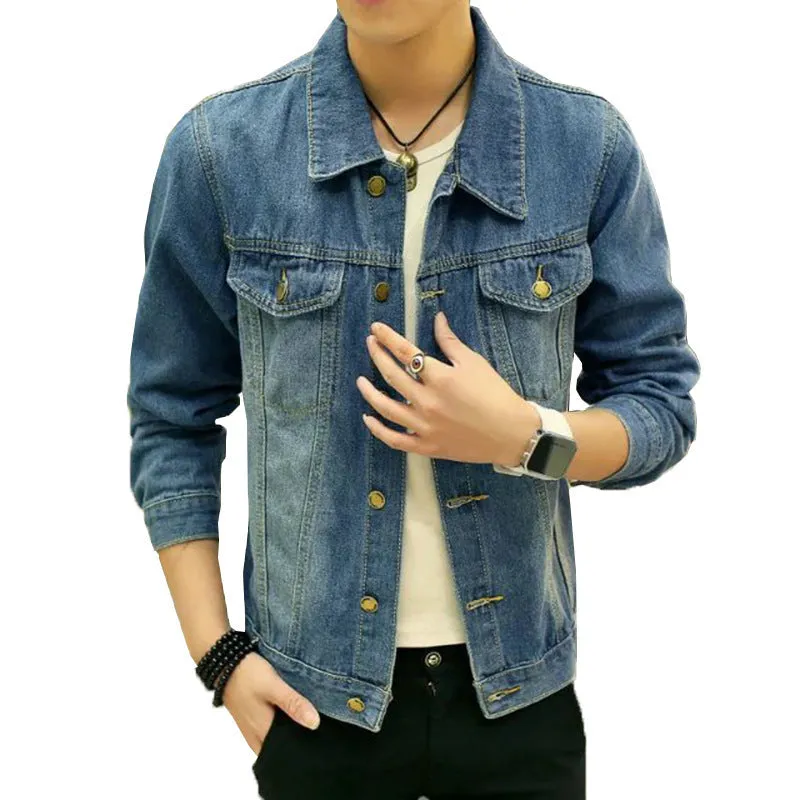 Men's retro washed denim jacket in blue, slim fit, long sleeves, polyester winter coat