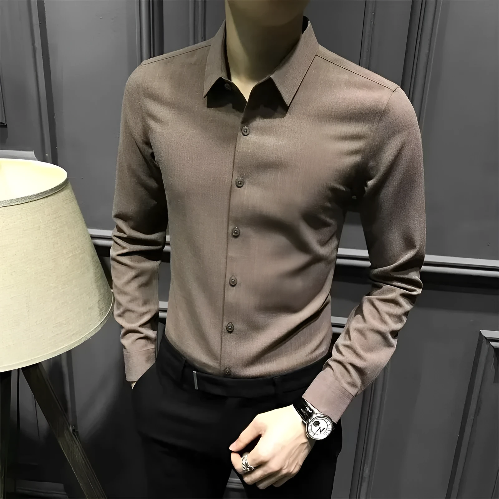 Men's loose fit long sleeve polyester shirt in black, autumn winter style, sizes M to 3XL