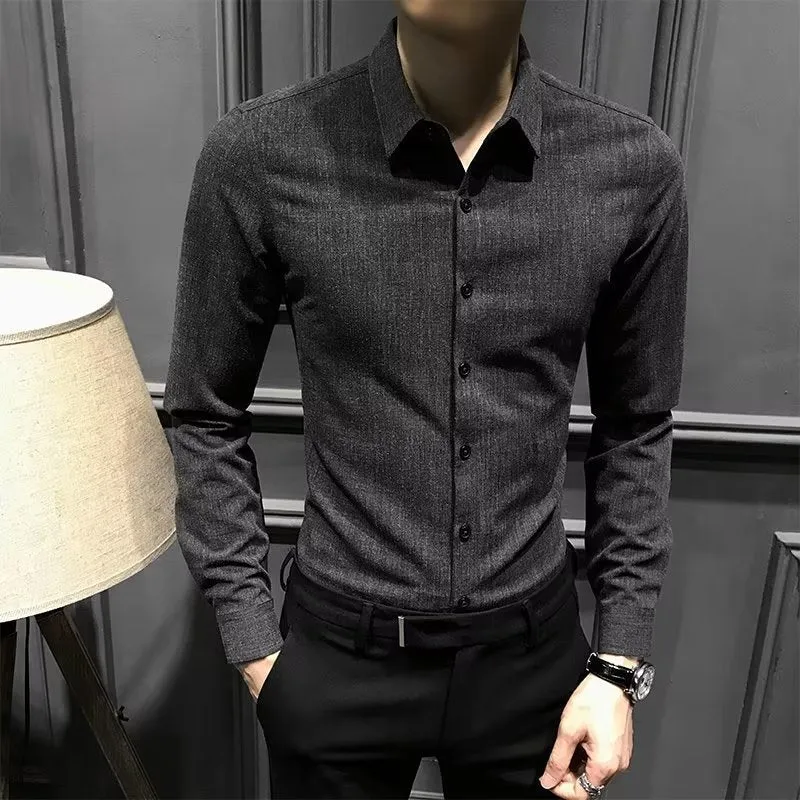 Men's loose fit long sleeve polyester shirt in black, autumn winter style, sizes M to 3XL