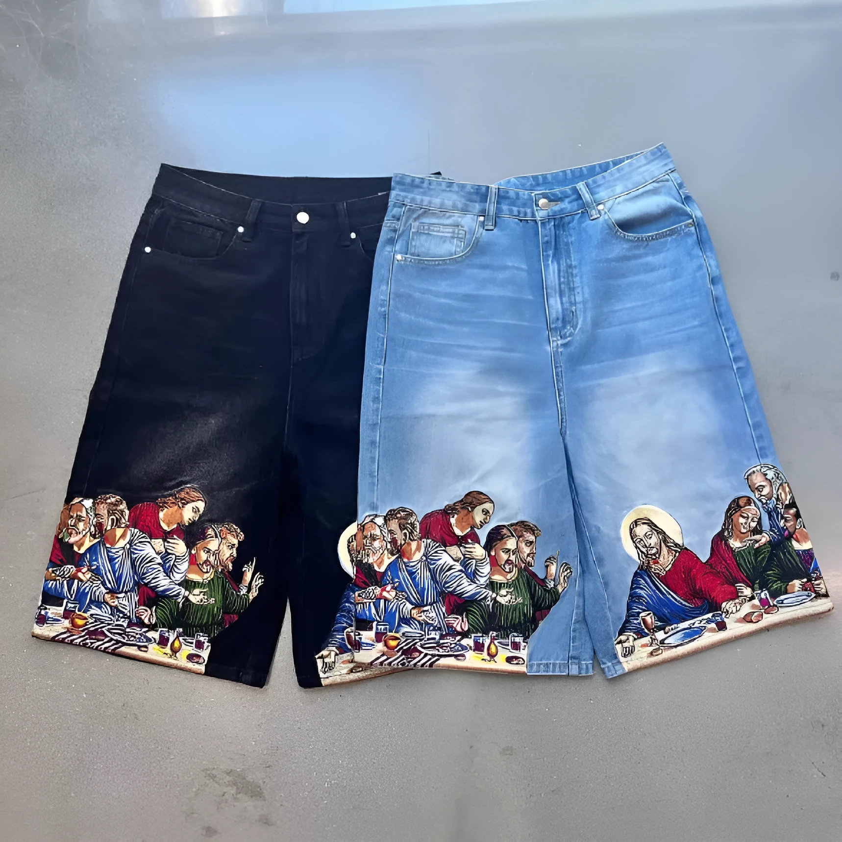 Men's blue cotton shorts with Jesus printed back pocket in tapered casual design