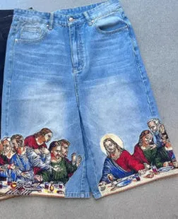 Men's blue cotton shorts with Jesus printed back pocket in tapered casual design