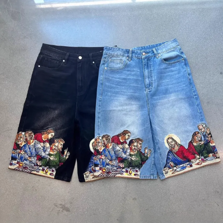 Men's blue cotton shorts with Jesus printed back pocket in tapered casual design