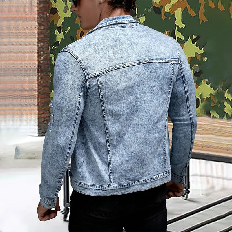 Men's slim fit blue denim shirt jacket with polo collar and size stick pocket on chest
