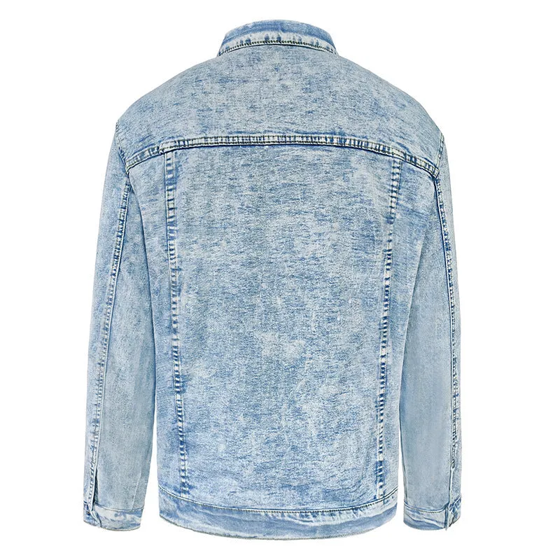Men's slim fit blue denim shirt jacket with polo collar and size stick pocket on chest