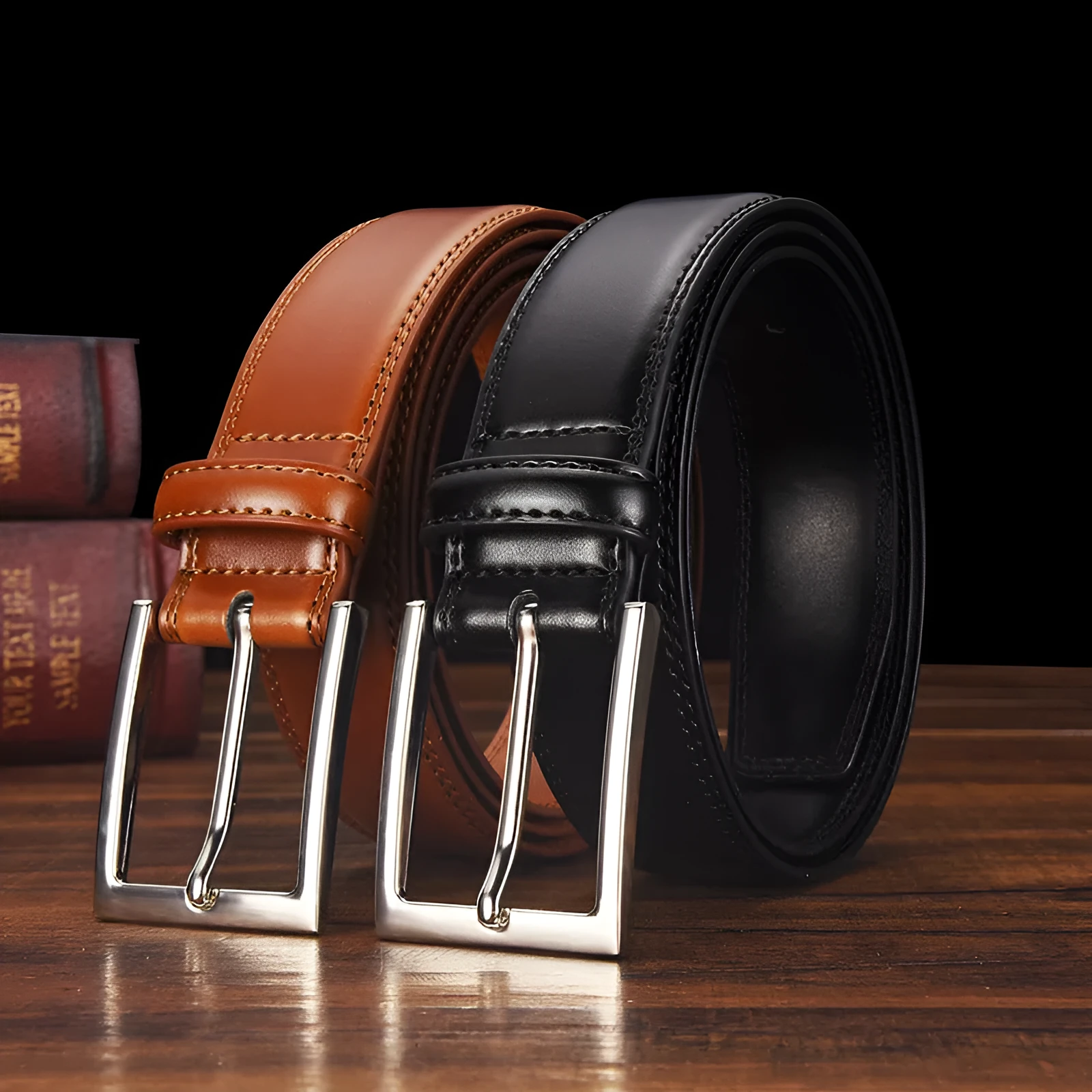Men's black genuine leather belt with silver alloy pin buckle on a flat surface