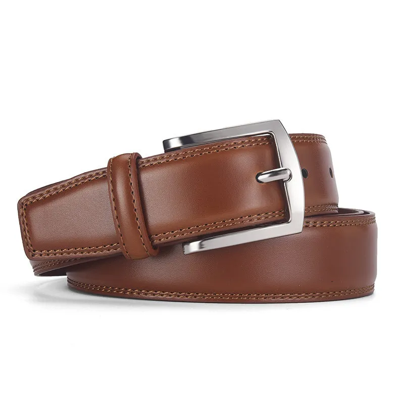 Men's black genuine leather belt with silver alloy pin buckle on a flat surface