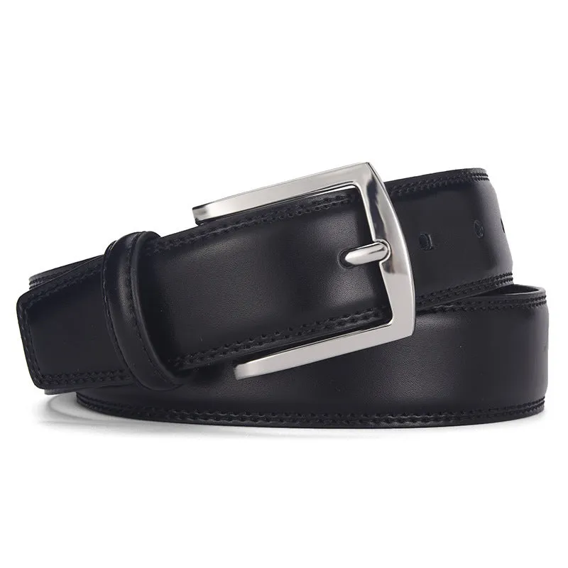 Men's black genuine leather belt with silver alloy pin buckle on a flat surface