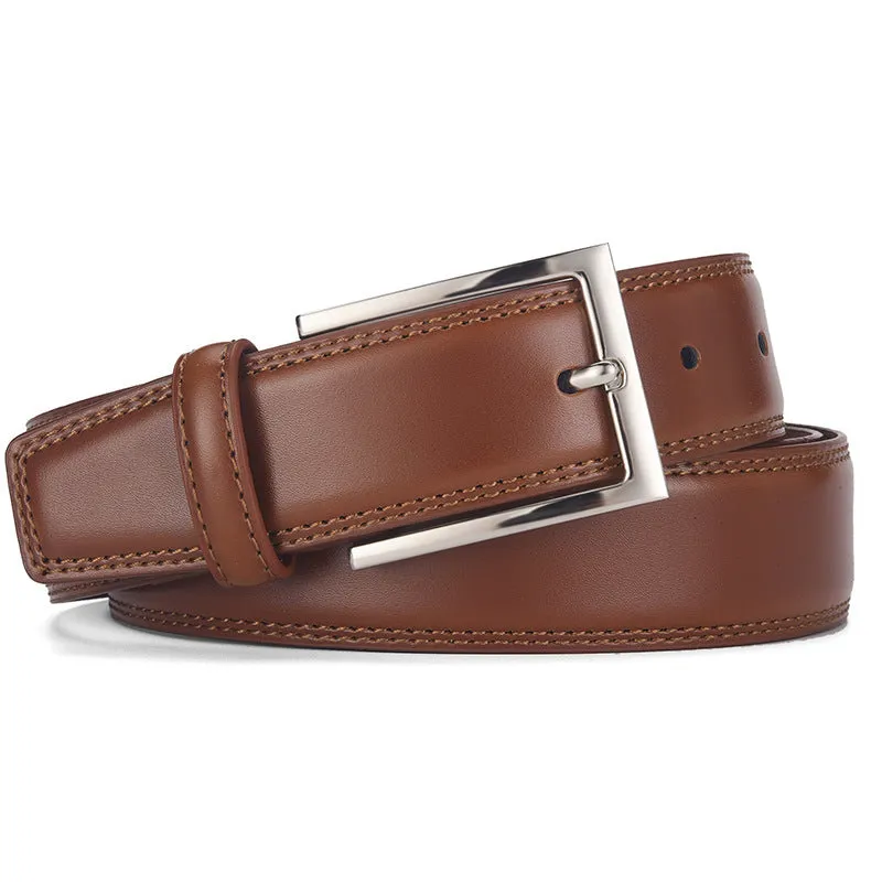 Men's black genuine leather belt with silver alloy pin buckle on a flat surface