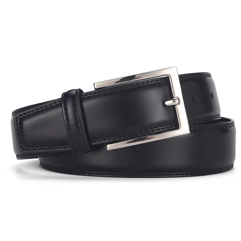 Men's black genuine leather belt with silver alloy pin buckle on a flat surface