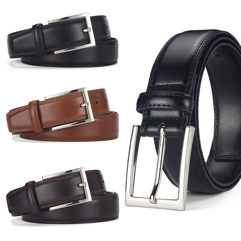 Men's black genuine leather belt with silver alloy pin buckle on a flat surface