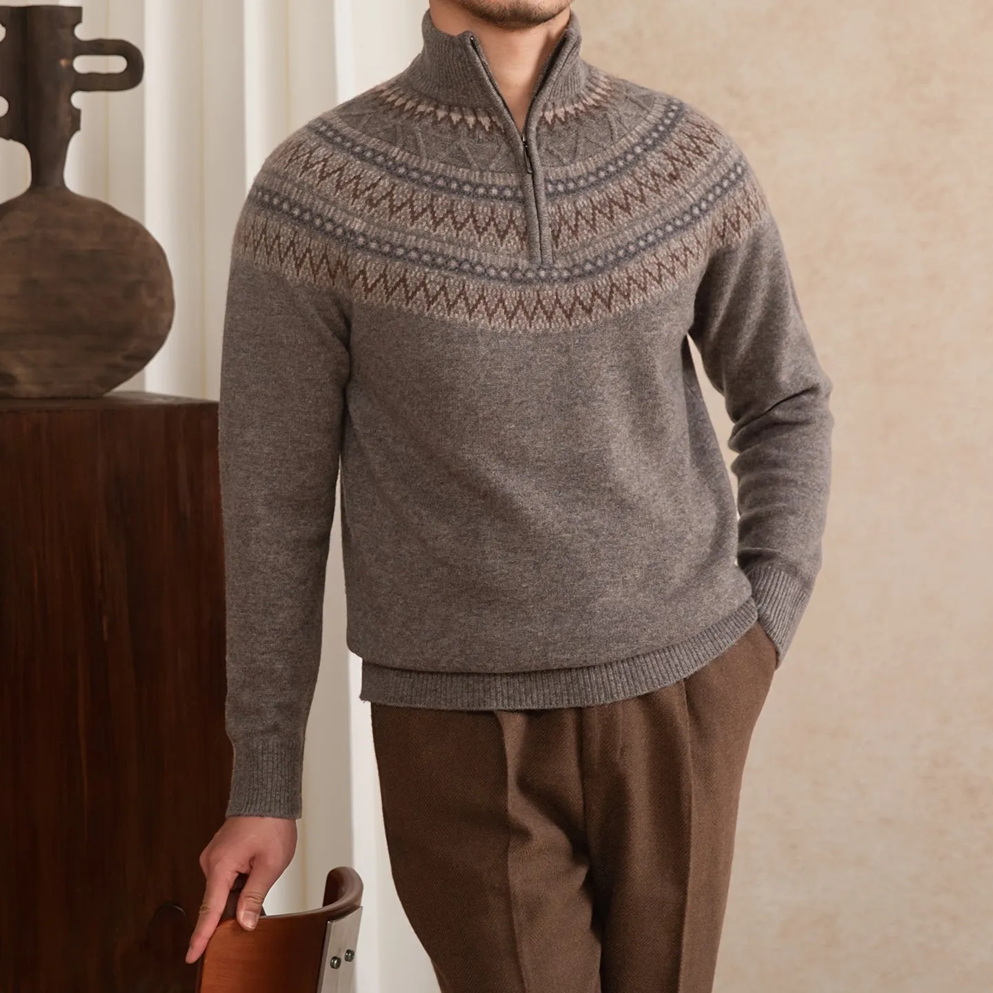 Wool slim fit stand collar embroidered sweater in medium gray with zipper placket, men's long sleeve vintage style