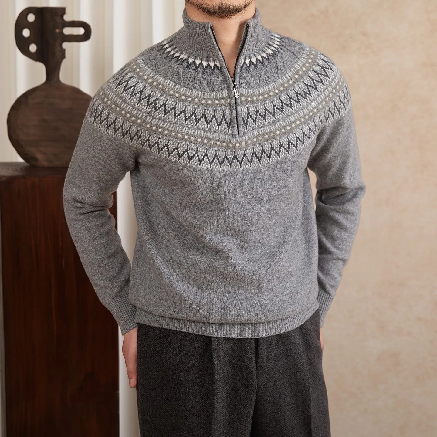 Wool slim fit stand collar embroidered sweater in medium gray with zipper placket, men's long sleeve vintage style