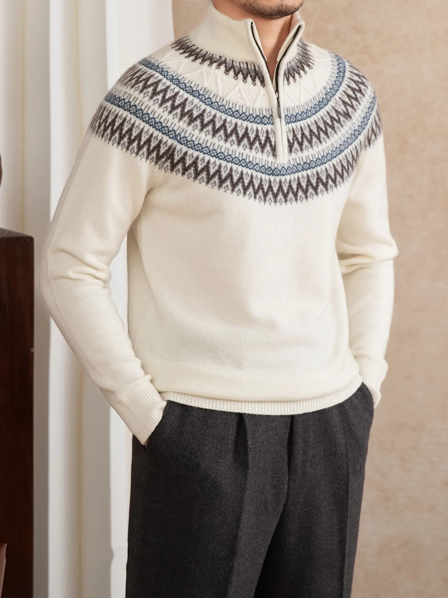 Wool slim fit stand collar embroidered sweater in medium gray with zipper placket, men's long sleeve vintage style