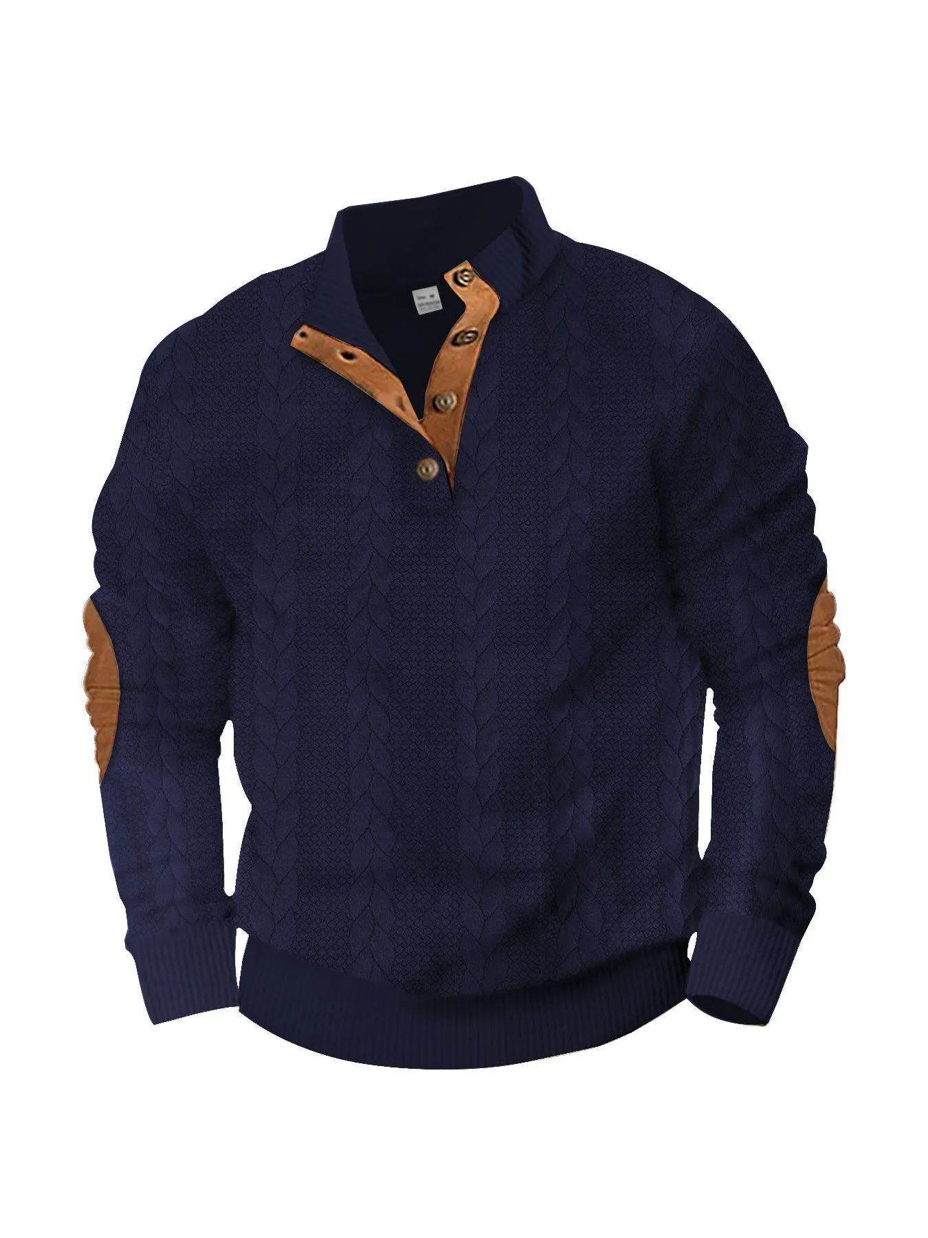 Fashion jacquard buckle long sleeve embroidered patch sweater in caramel colour