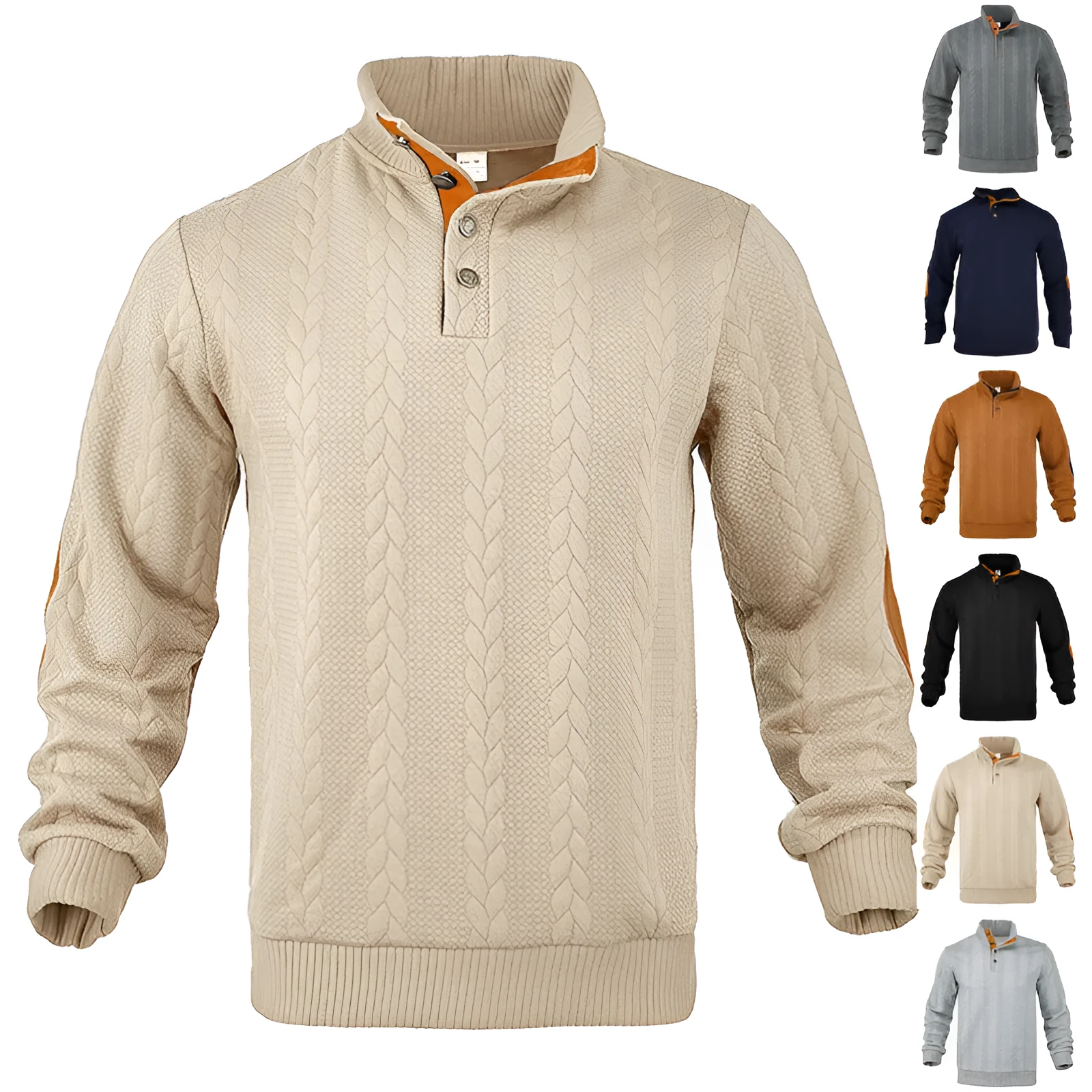 Fashion jacquard buckle long sleeve embroidered patch sweater in caramel colour