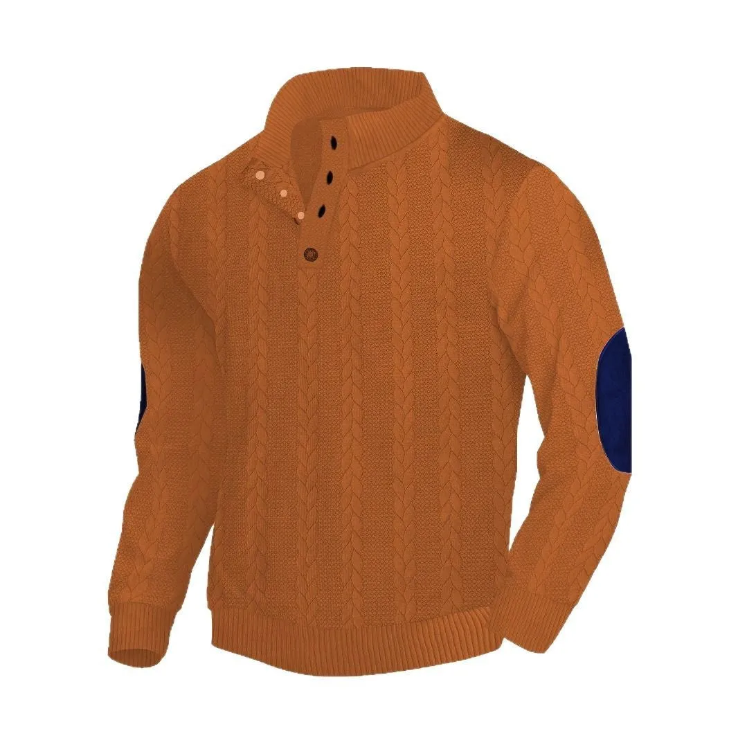 Fashion jacquard buckle long sleeve embroidered patch sweater in caramel colour